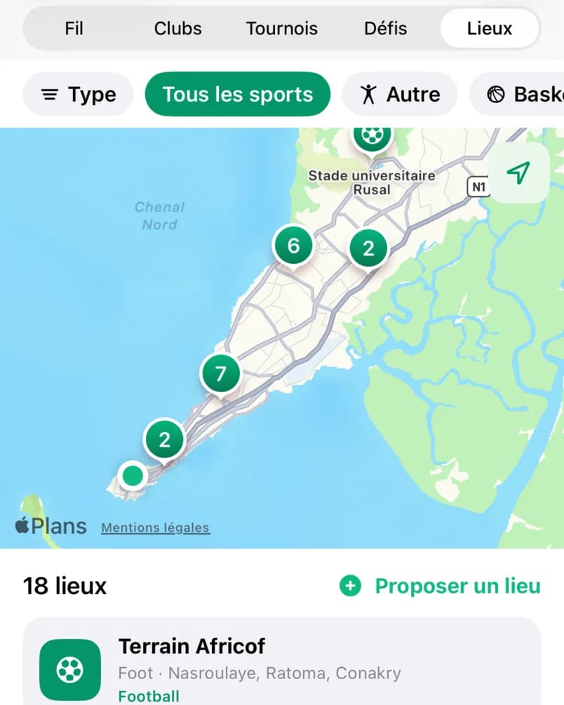 Carte des terrains de Conakry dans l'app SportConnectGN