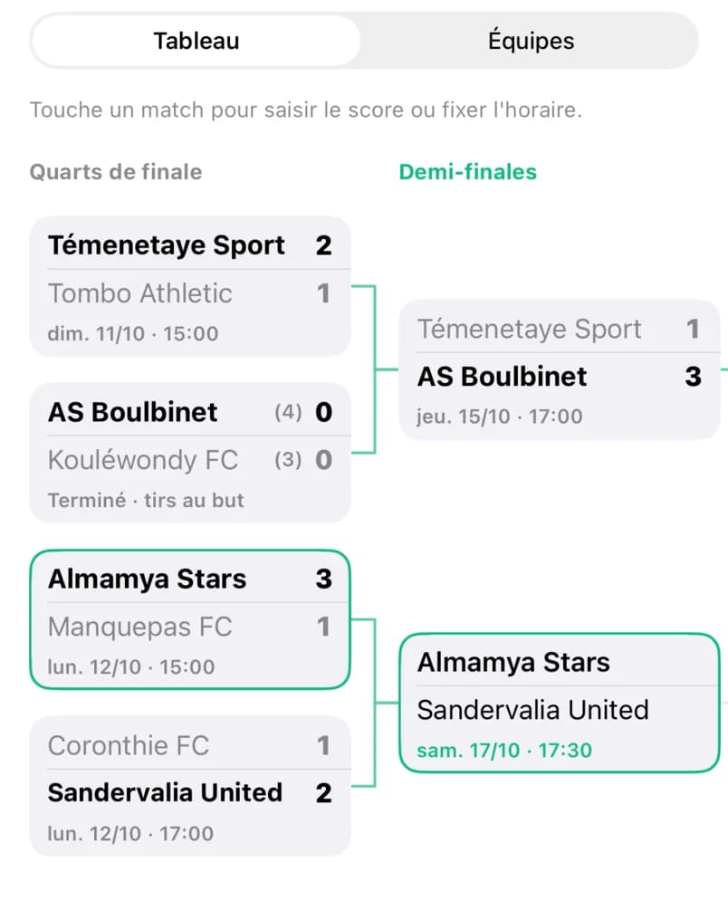 Tableau d'un tournoi de foot à Kaloum dans l'app SportConnectGN : quarts de finale joués, demi-finales en cours